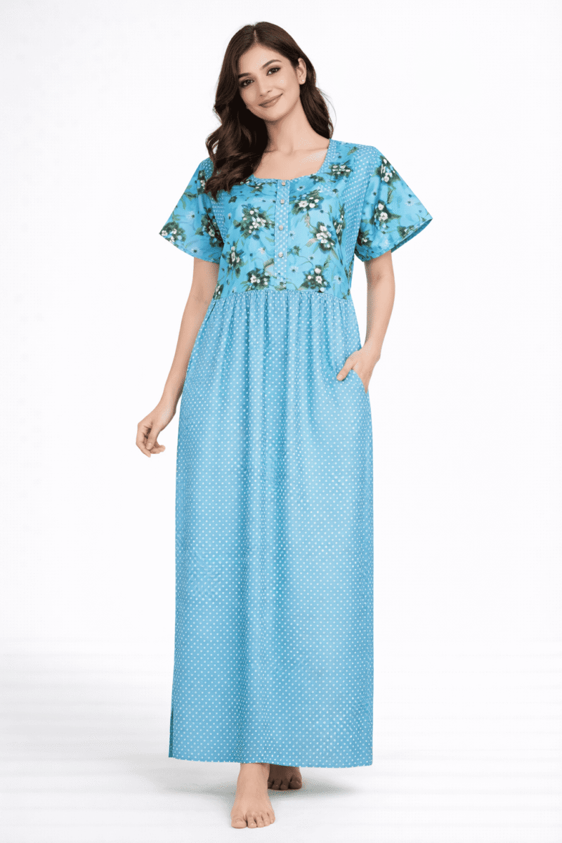 Women’s Cotton Feeding Frock Nighty, Side Zip, Sky blue
