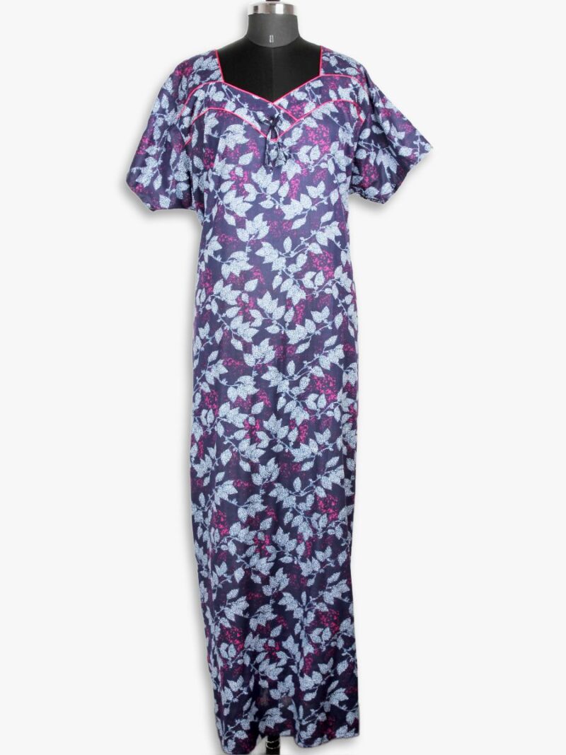 Women's Cotton Nighty, Piping, Navy Blue