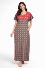 Women's Cotton Ajrakh Model Zipper Nighty ,Navy Blue