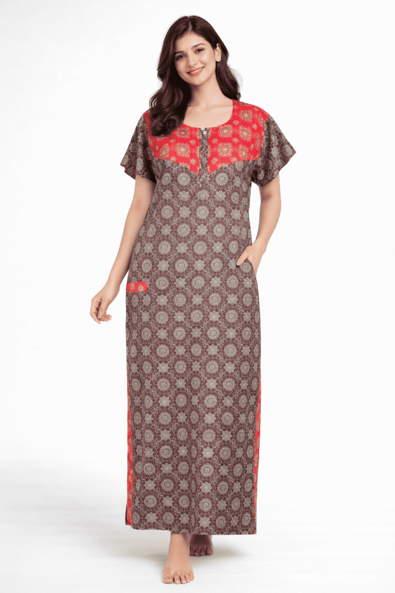 Women's Cotton Ajrakh Model Zipper Nighty ,Navy Blue