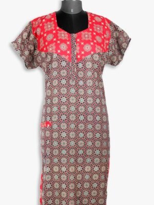 Women's Cotton Ajrakh Model Zipper Nighty ,Red