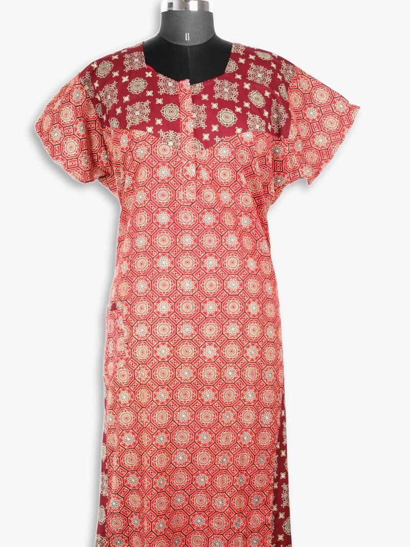 Women's Cotton Ajrakh Model Zipper Nighty ,Red