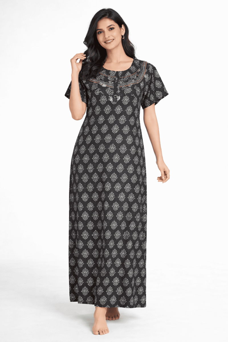 WN-TWIN ROSES-64-BK-XXL-02-F Women's Cotton Zipper Nighty, Double Frill Style, Black