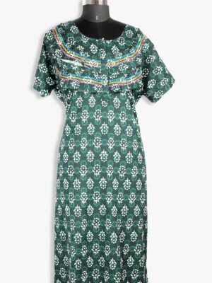 Women's Cotton Zipper Nighty, Double Frill Style, Green