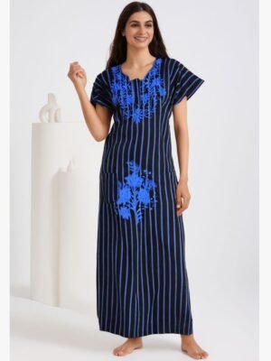 Blue Cotton Nighty with Floral Embroidery