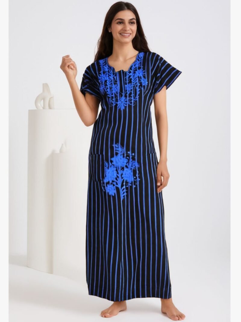 WN-VENIS-84-BL-L-05-1 Blue Cotton Nighty with Floral Embroidery