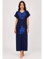 WN-VENIS-84-BL-L_front Cotton Zipper Nighty with Side Pocket, Blue, Embroidery