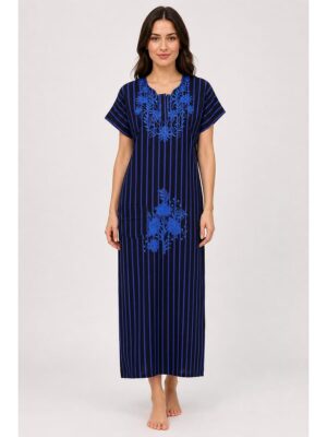 Cotton Zipper Nighty with Side Pocket, Blue, Embroidery