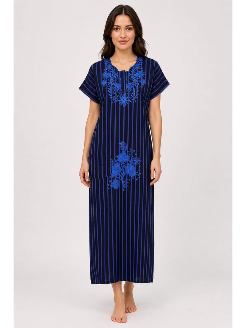 WN-VENIS-84-BL-L_front Cotton Zipper Nighty with Side Pocket, Blue, Embroidery