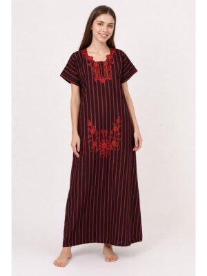 Cotton Zipper Nighty with Side Pocket, Red, Embroidery