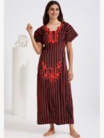 Red Cotton Nighty with Floral Embroidery
