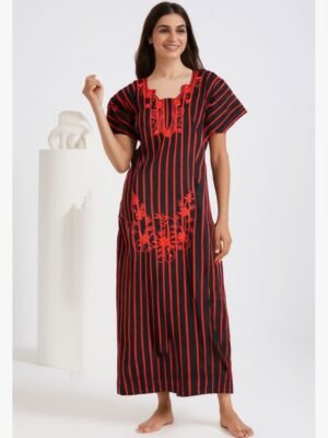 Red Cotton Nighty with Floral Embroidery