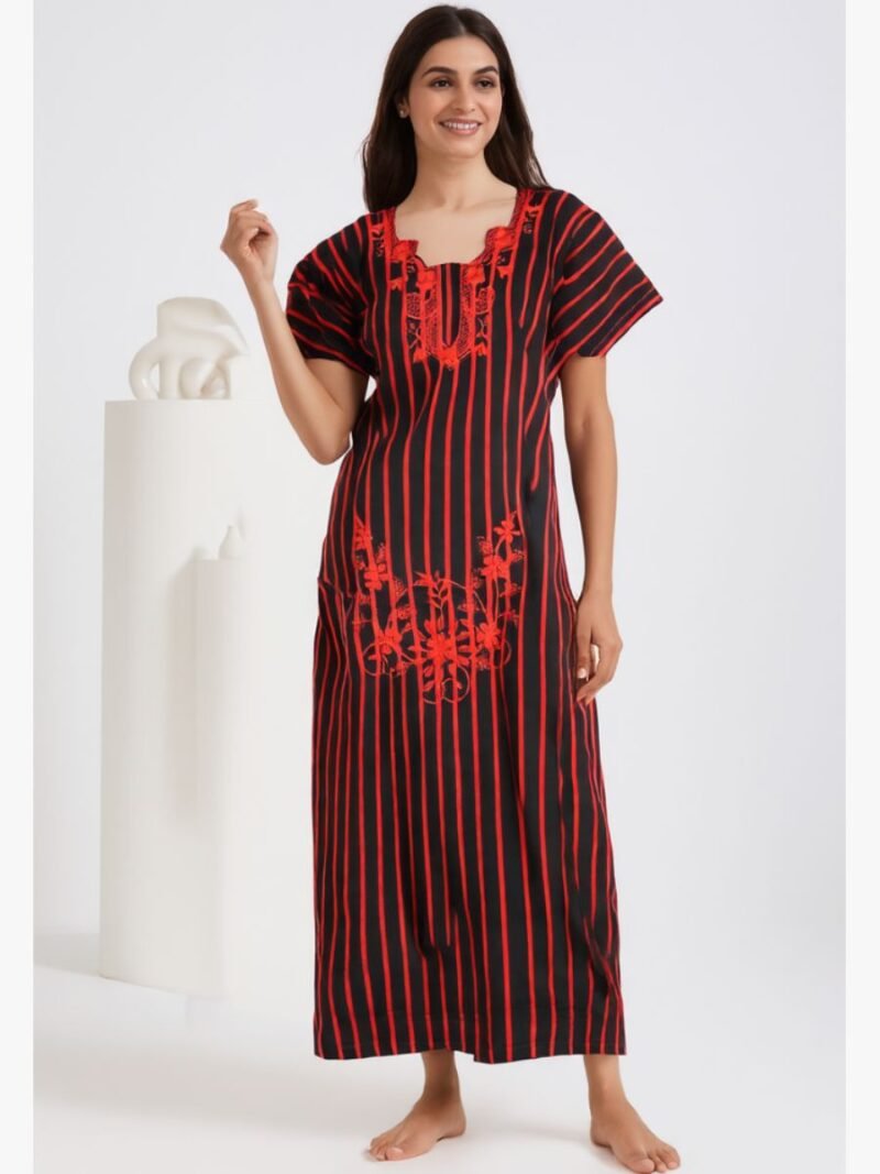 Red Cotton Nighty with Floral Embroidery
