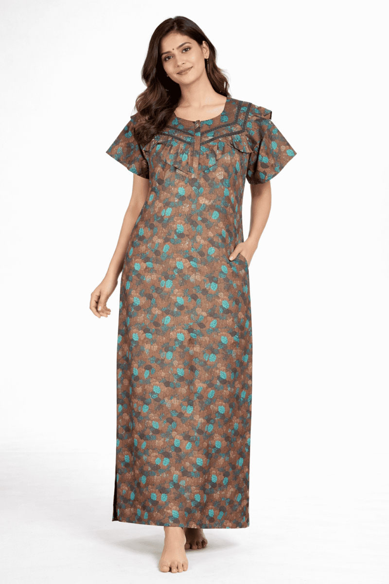 WN-VEYEM-66-CM-XXL-05 Women's Cotton Zipper Nighty, Frill Style, Caramel