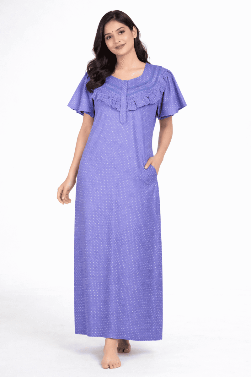 WN-VEYEM-66-NB-XXL-04 Women's Cotton Zipper Nighty, Frill Style, Navy Blue