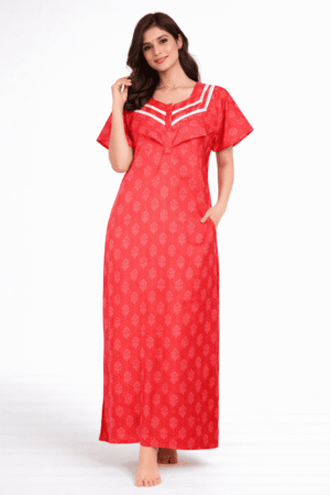 Women's Cotton Zipper Nighty, Frill Style, Red