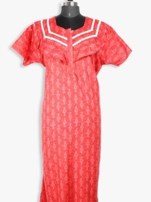 Women's Cotton Zipper Nighty, Frill Style, Red