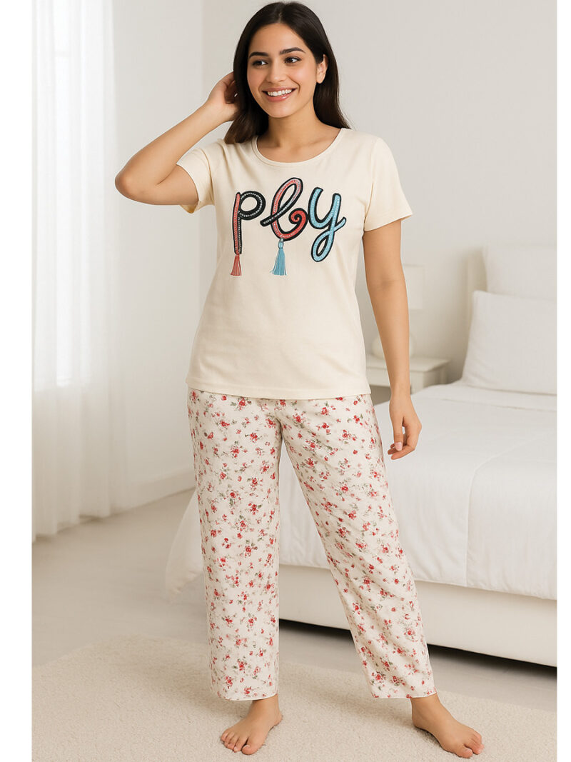 WNS-SYLO-877-IV-S-03 Women’s Cotton Night Suit Pajama Set, Printed