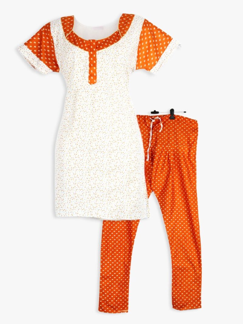 Women Cotton Night Suit, Dotted Print, Orange