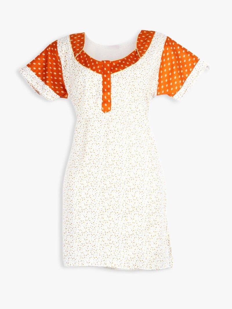Women Cotton Night Suit, Dotted Print, Orange