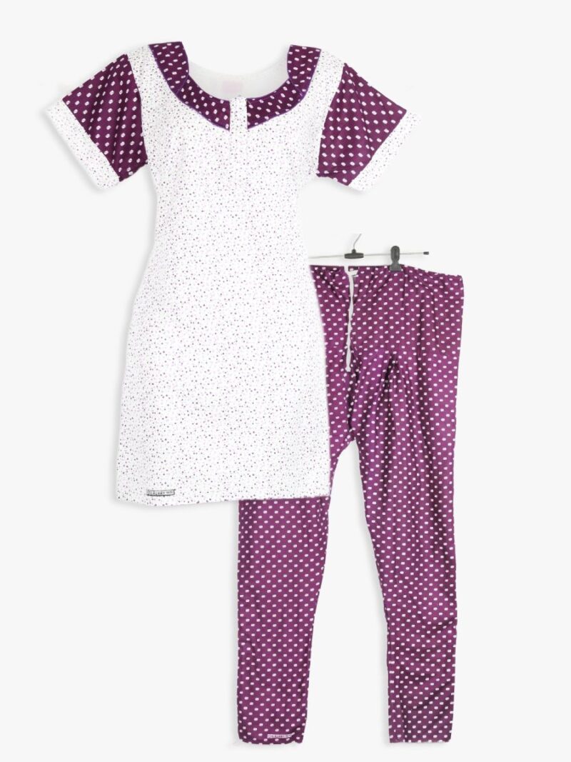 Women Cotton Night Suit, Dotted Print, Purple