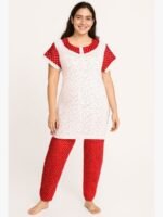 Women Cotton Night Suit, Dotted Print, Red
