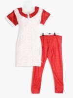 Women Cotton Night Suit, Dotted Print, Red