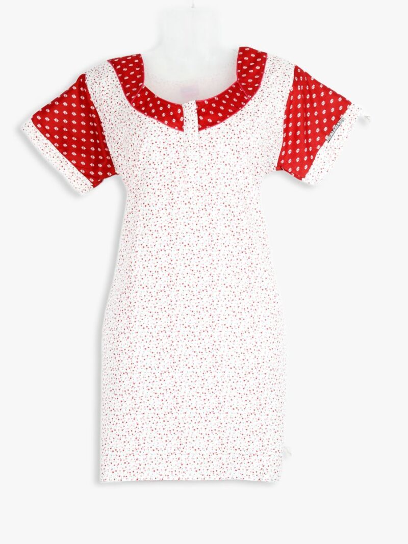 Women Cotton Night Suit, Dotted Print, Red