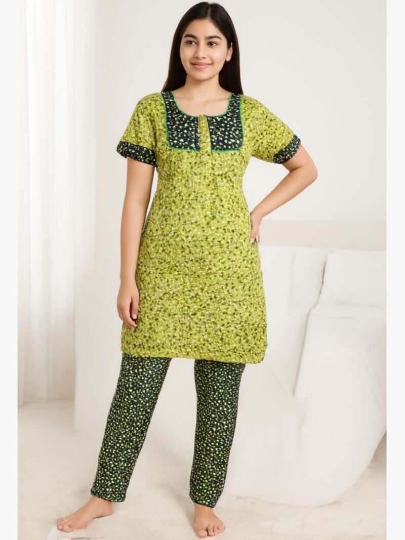 WNS-YOGA-886-0G-XXL-2-ai Women Cotton Night Suit, Dotted Print, Olive Green