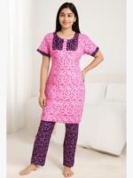 Women Cotton Night Suit, Dotted Print, Dusty Pink