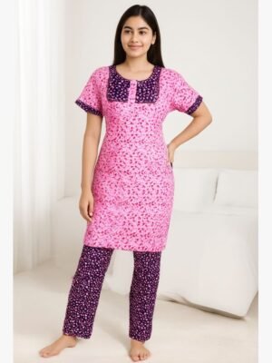Women Cotton Night Suit, Dotted Print, Dusty Pink