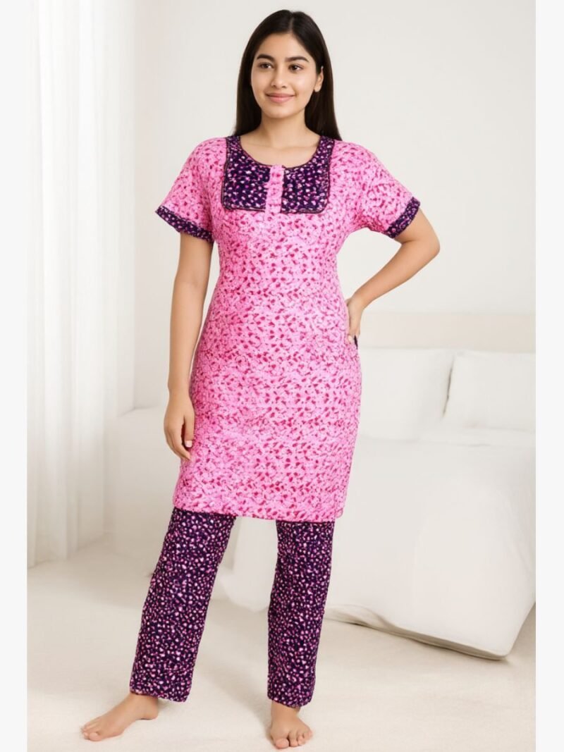 Women Cotton Night Suit, Dotted Print, Dusty Pink