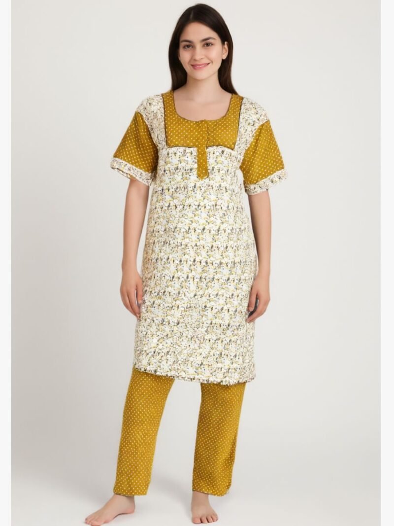 Women Cotton Night Suit, Dotted Print, Amber