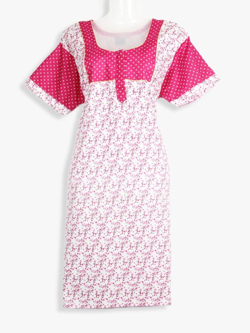 Women Cotton Night Suit, Dotted Print, Raspberry
