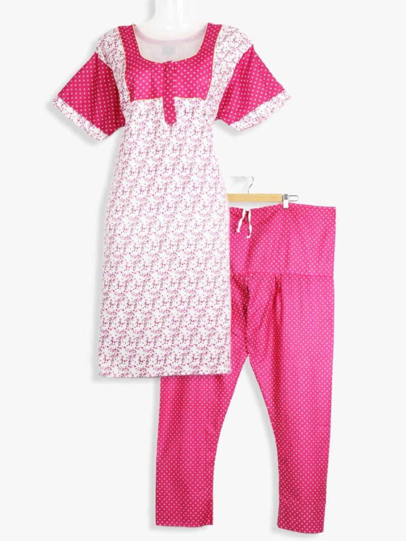 Women Cotton Night Suit, Dotted Print, Raspberry