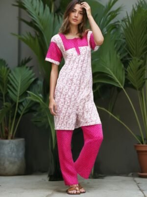 Women Cotton Night Suit, Dotted Print, Raspberry