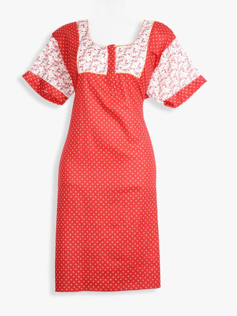 Women Cotton Night Suit, Dotted Print, Red