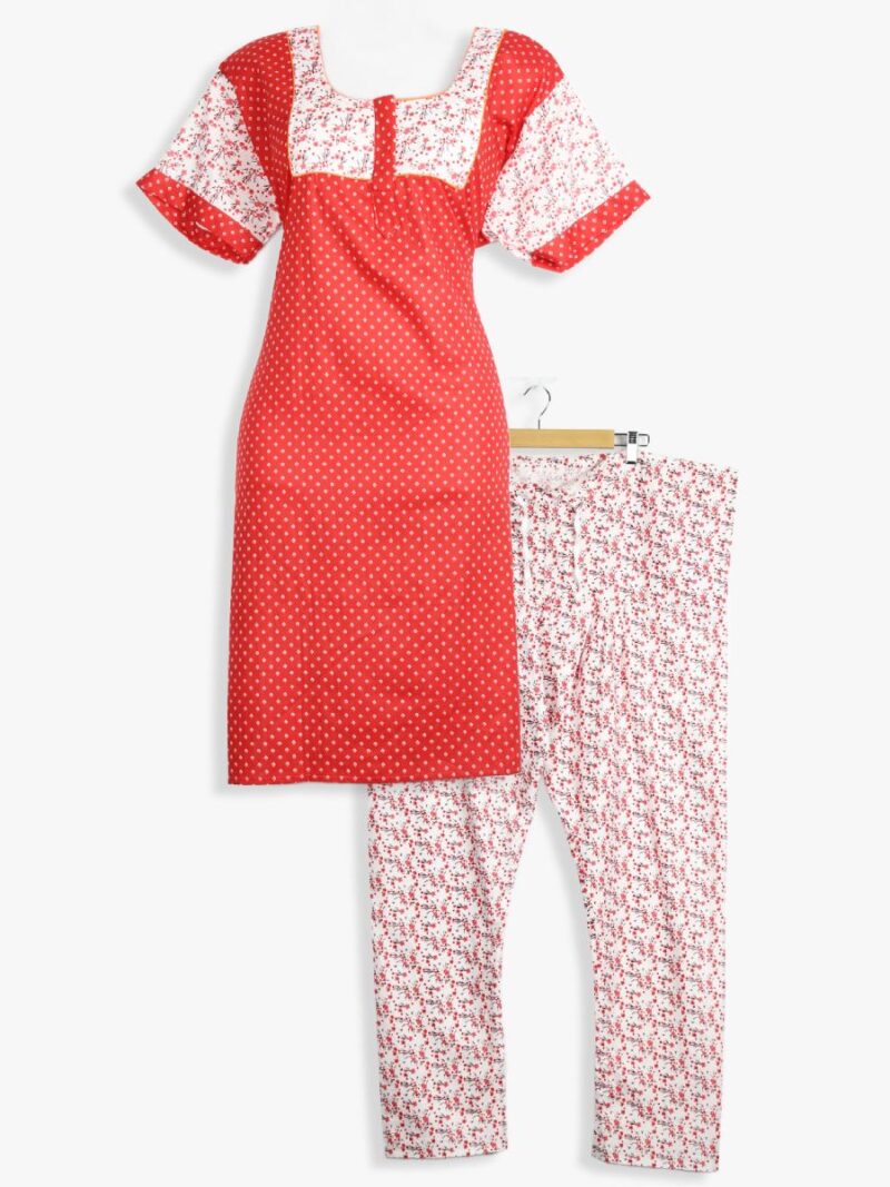 Women Cotton Night Suit, Dotted Print, Red