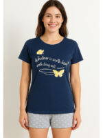 Women's Printed Cotton T-Shirt , Navy Blue