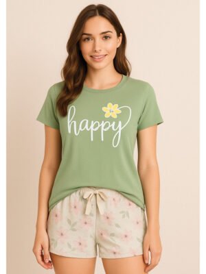 Women's Printed Cotton T-Shirt, Olive Green