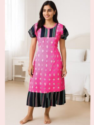 Women Printed Cotton Frock Nighty ,Pink