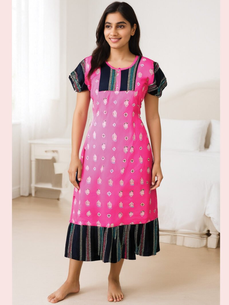 Women Printed Cotton Frock Nighty ,Pink