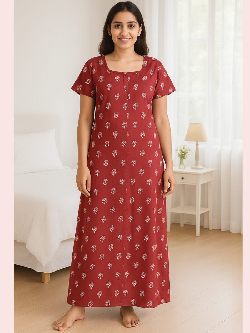 WN-TARA-82-BU-L-03 Women Cotton Nighty ,zipper, Burgundy