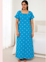 WN-TARA-82-SB-L-01 Women Cotton Nighty ,Zipper, Sky Blue