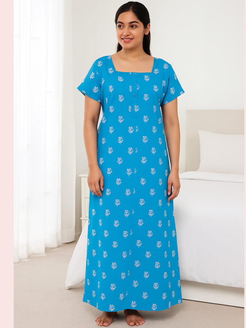 WN-TARA-82-SB-L-01 Women Cotton Nighty ,Zipper, Sky Blue