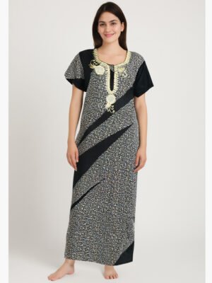 Women's Cotton Embroidery, Zipper Nighty with Side Pocket, Green