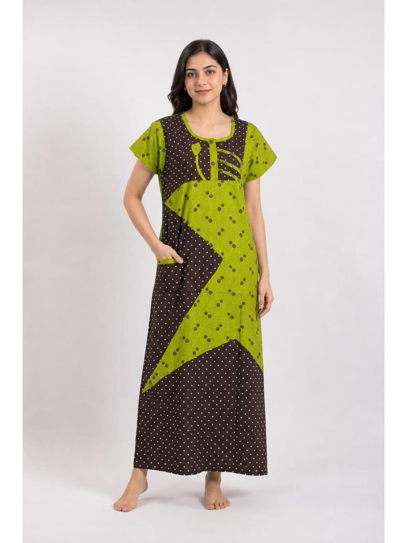 WN-TARA-87-CF-L-06-F_front Pure Cotton Zipper Nighty, Dotted print, Coffee