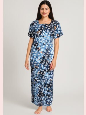 Women Cotton Nighty ,Zipper, Blue