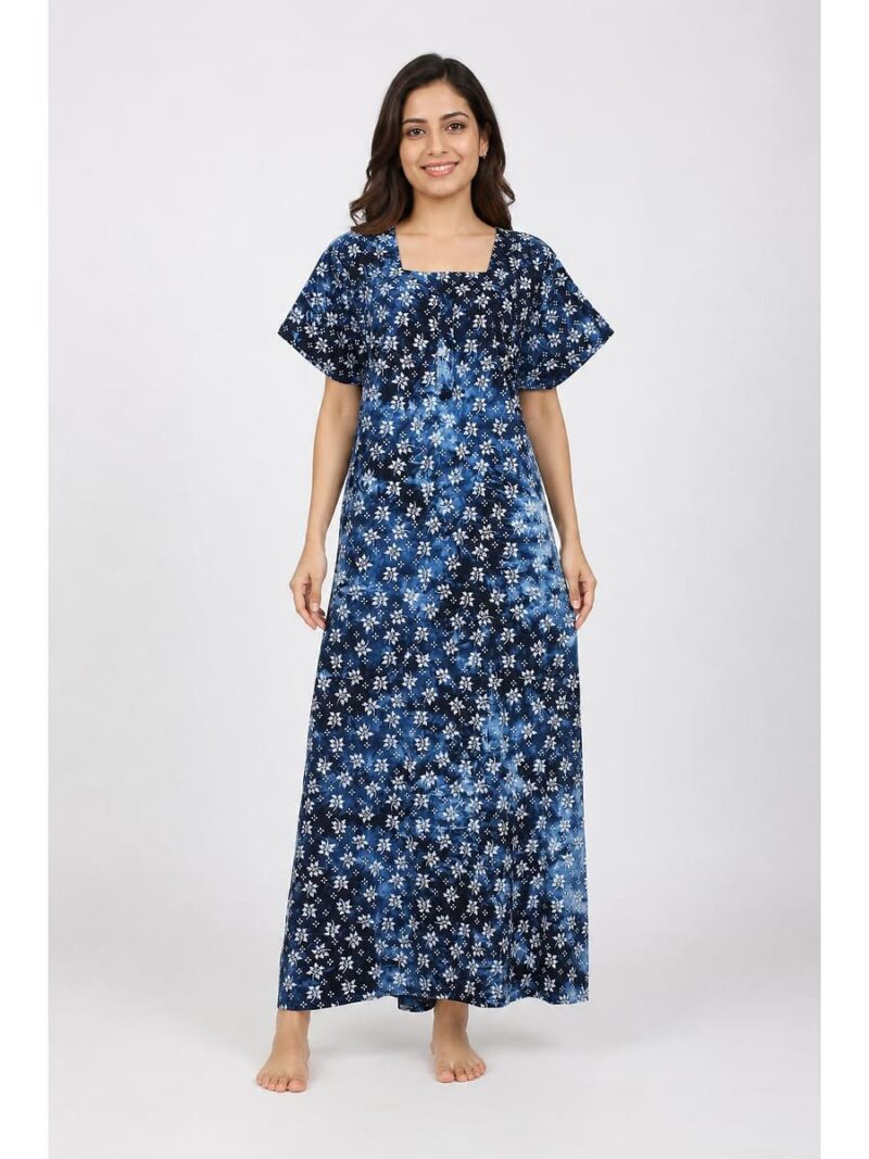 WN-TWIN ROSES-80-BL-XXL-01-F_front Women Cotton Nighty ,Zipper, Blue