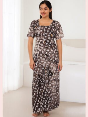 Women Cotton Nighty ,Zipper, Brown